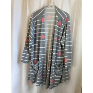 LuLaRoe Caroline Cardigan Sweater 2XL Grey White Striped Pink Hearts Open Front